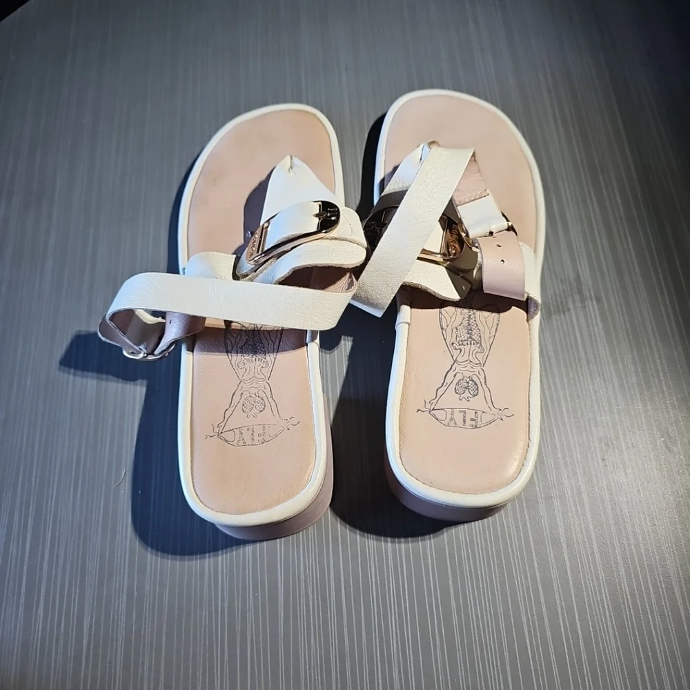 Fly London Beige Emat Leather Buckle Gladiator Mule Sandals Size 38 US 7/7.5 EUC
